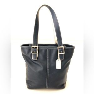 Coach Leather Hampton Navy Blue Tote Bag #9572. Reversible blue  white handles.